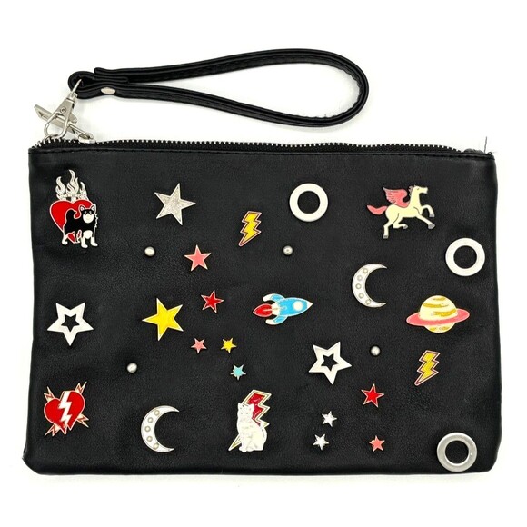 Stradivarius Wristlet‎ Accessory Zipper Bag Sewn Enamel Pins Blk Silver Hardware - Picture 2 of 16
